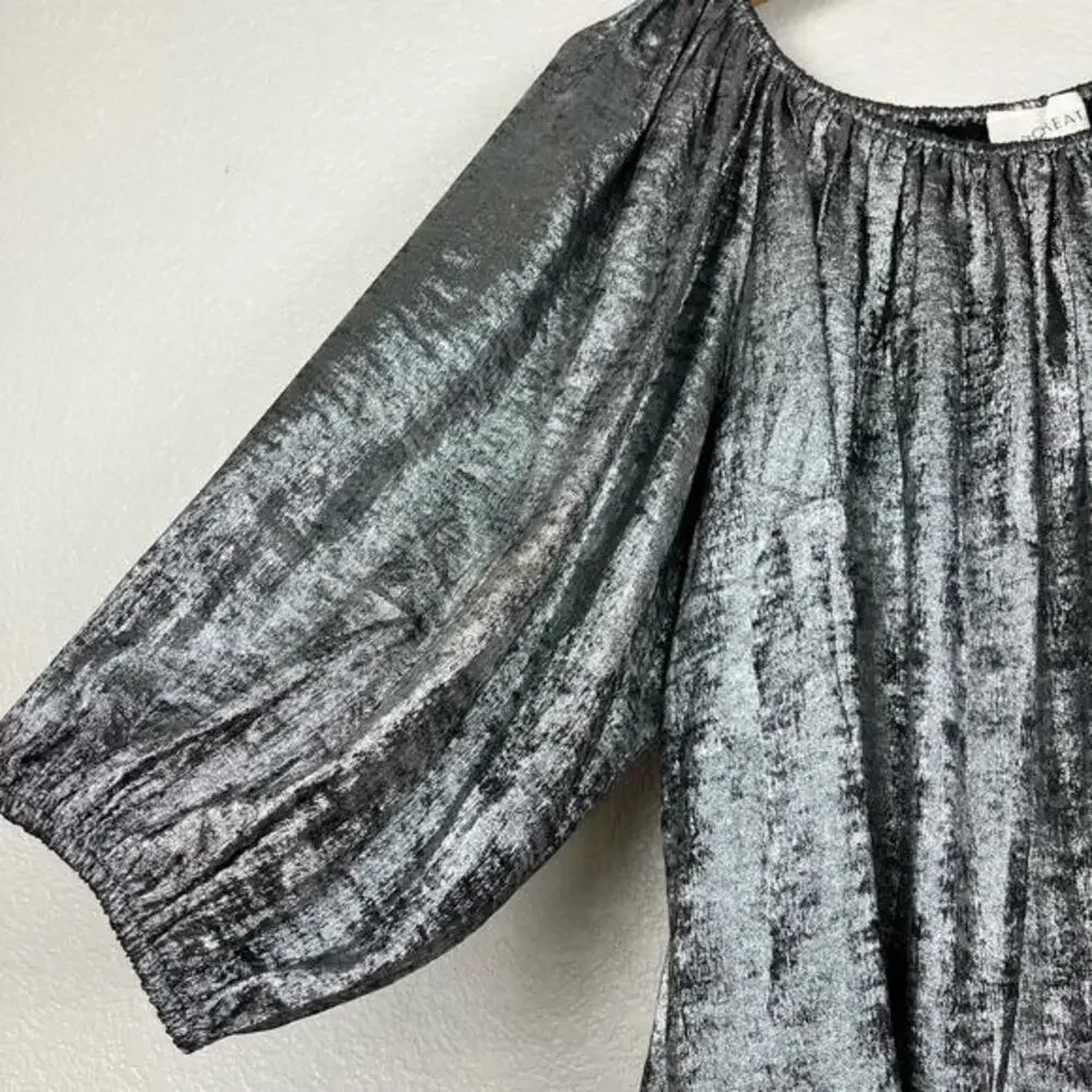 Metallic Silver Velvet Blouse - Women’s Long Sleeve Gathered Neck - Picture 3 of 7